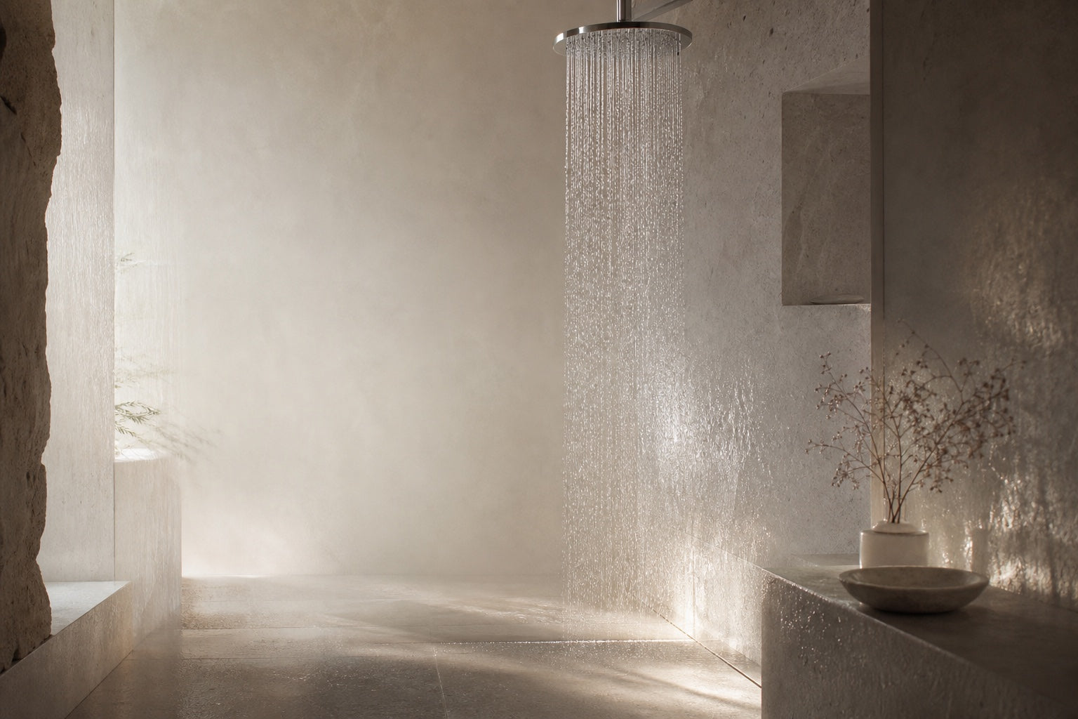 Clear water falling through a quiet mineral stone shower